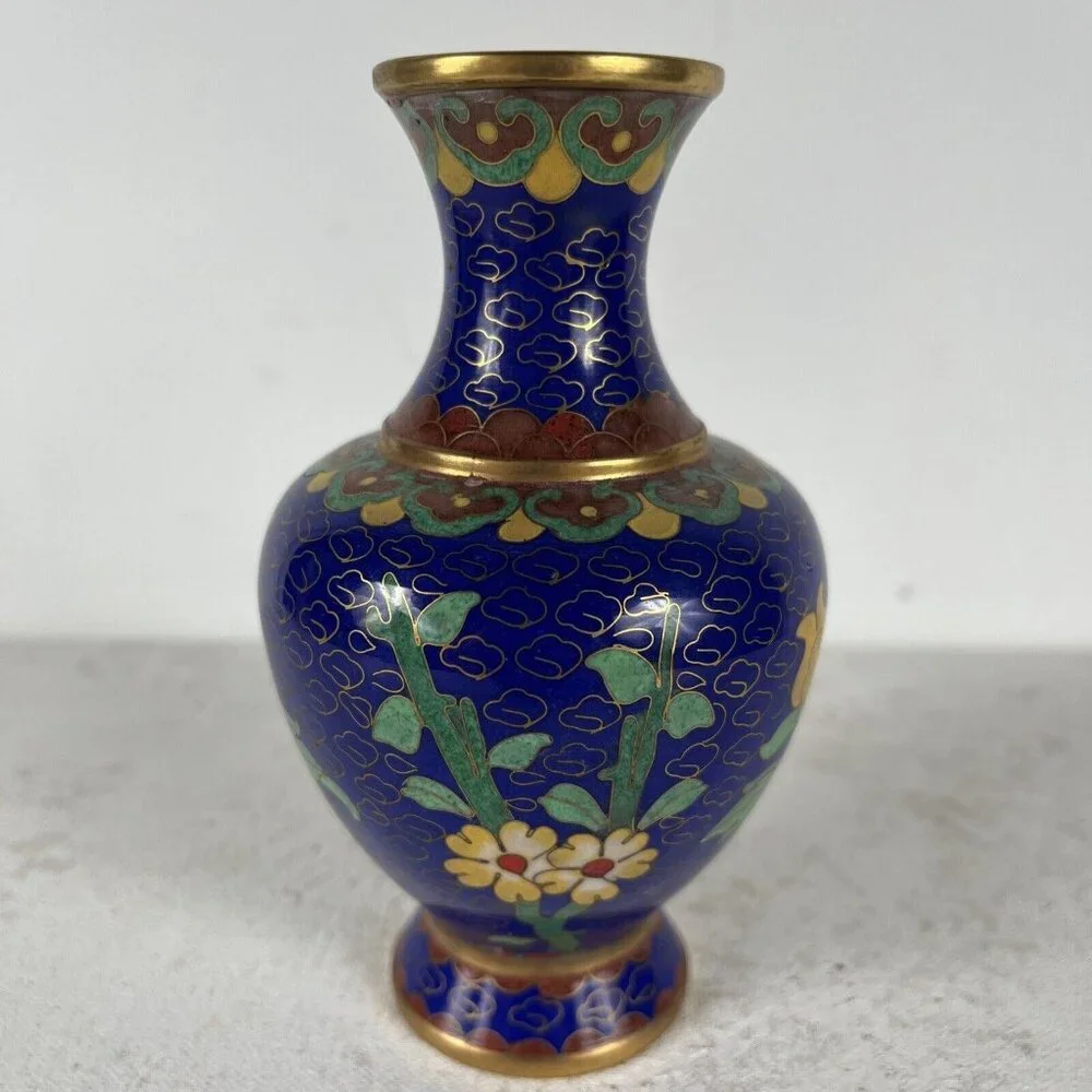 Vintage Deep Blue and Pink Cloisonne Vase Asian Style Peony Flower‎ Gold Accents